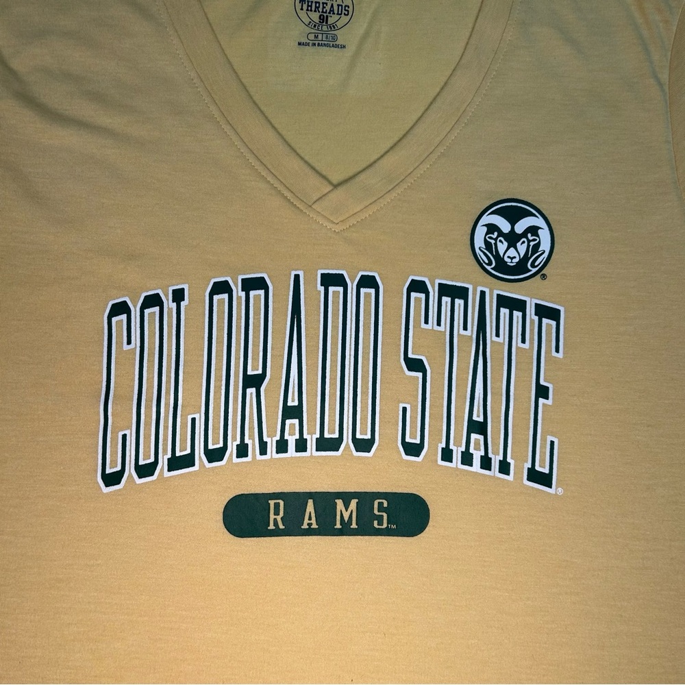 Women’s Colorado State University Yellow T-shirt. Medium, Short Sleeve, V Neck
